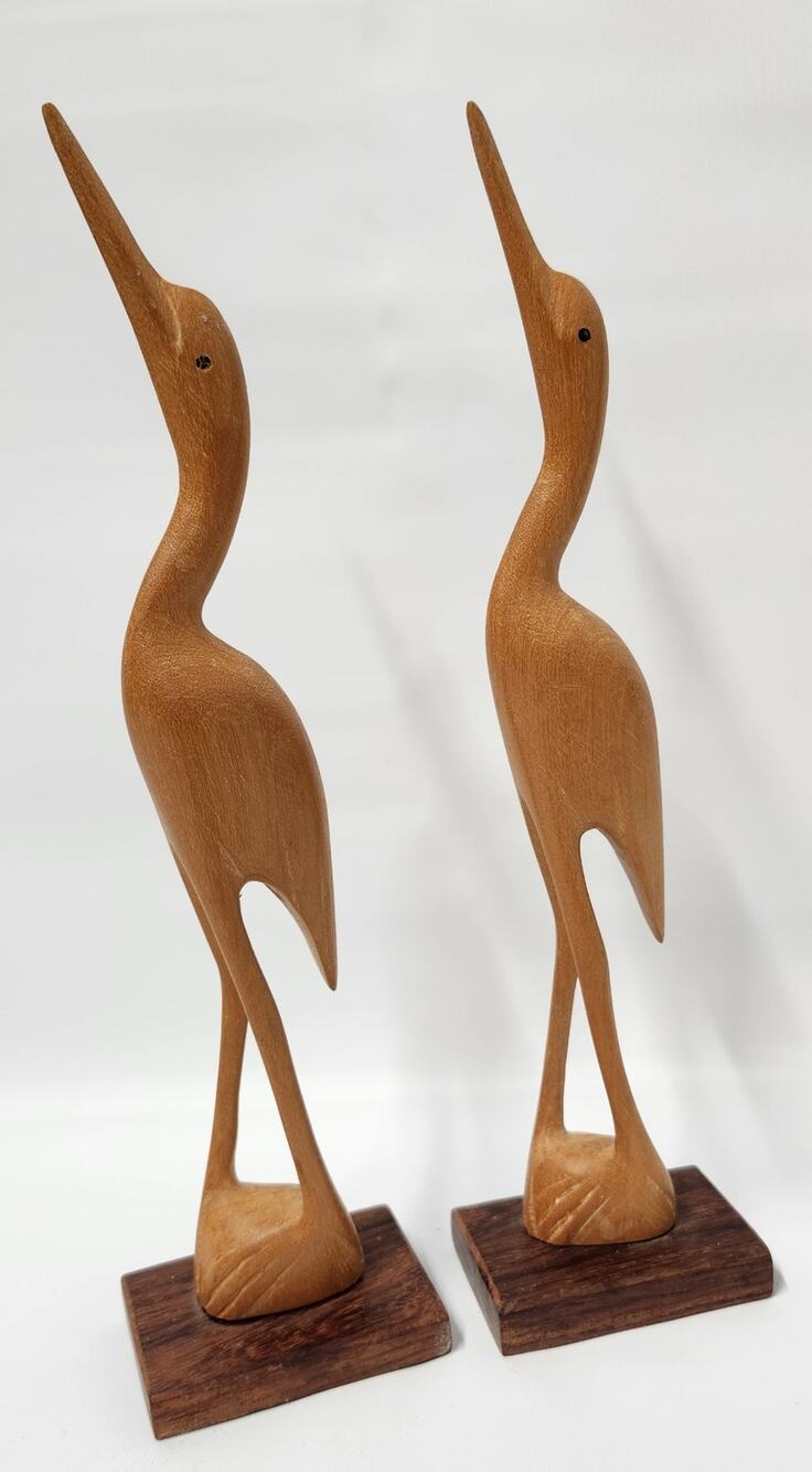 Pair Hand Carved Wood Heron Crane Bird Sculptures MCM Style Vintage Decor